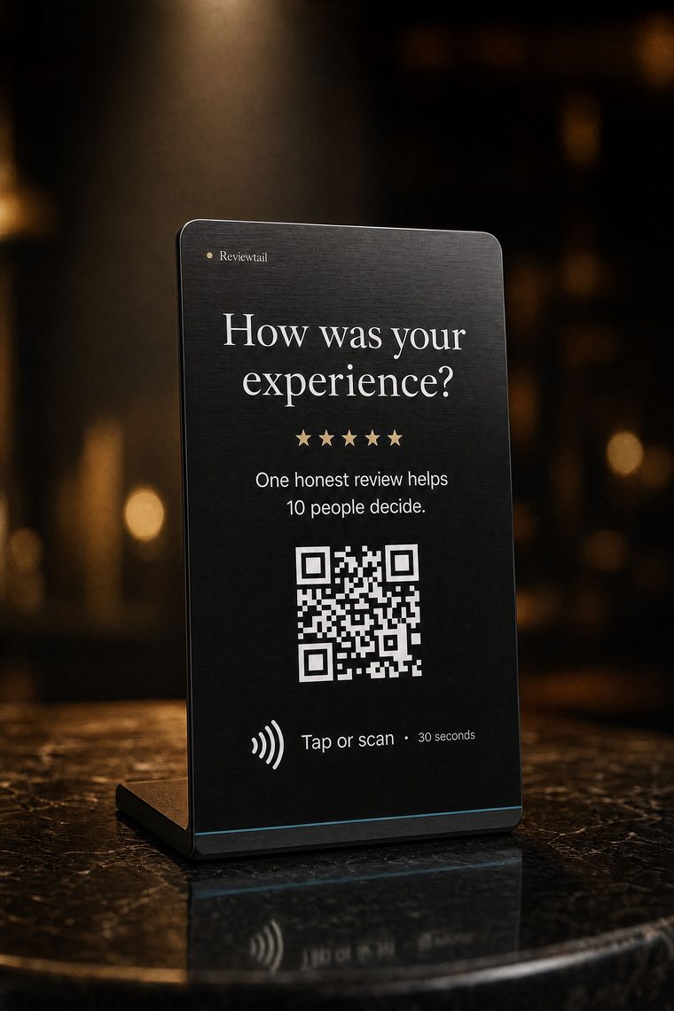 The Reviewtail Plate, an NFC tap-to-review stand for collecting Google reviews